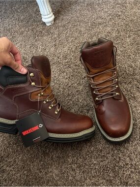 Wolverine Brown Leather Work Boots with Tan Collar